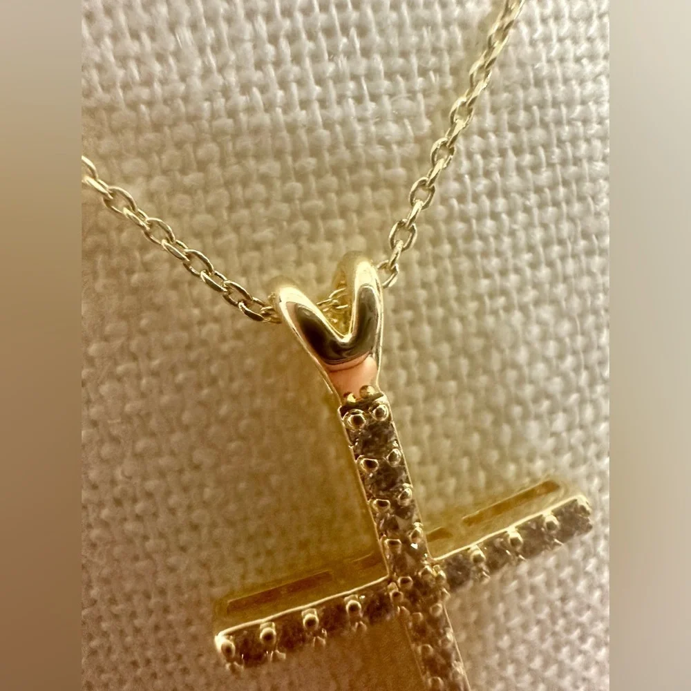 Dainty Gold Tone CZ Cross Necklace – Adjustable 16–18” - Picture 8 of 11